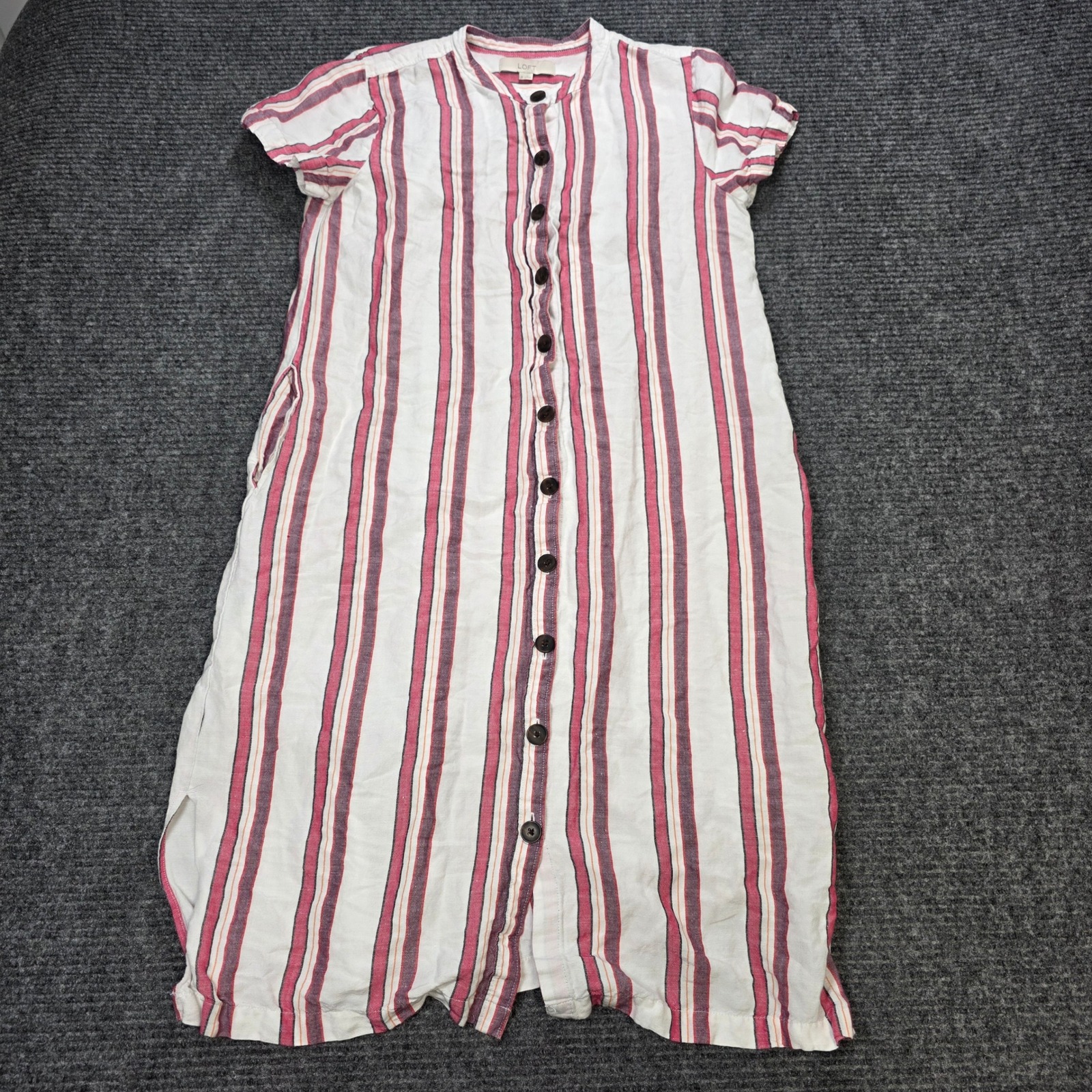 Loft Striped Linen Button Down Midi Shirt Dress Women's Size 10 Pink White Red